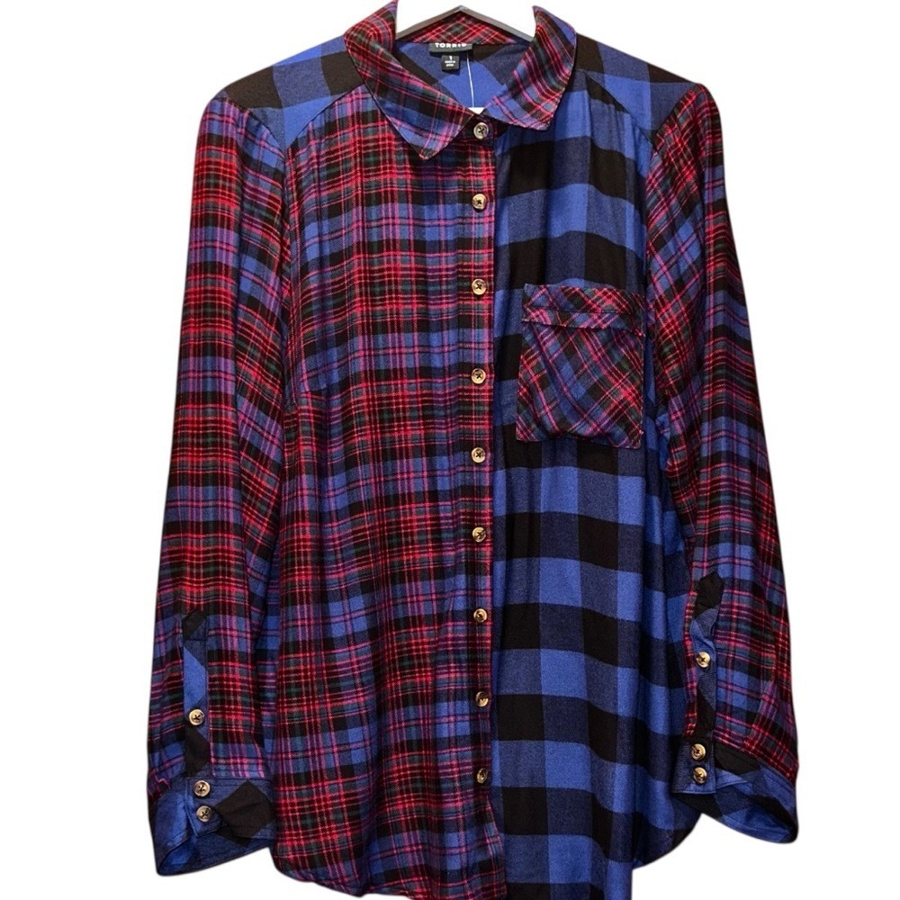 Torrid Woman’s Lizzie Plaid Shirt - Red, Blue, and Black